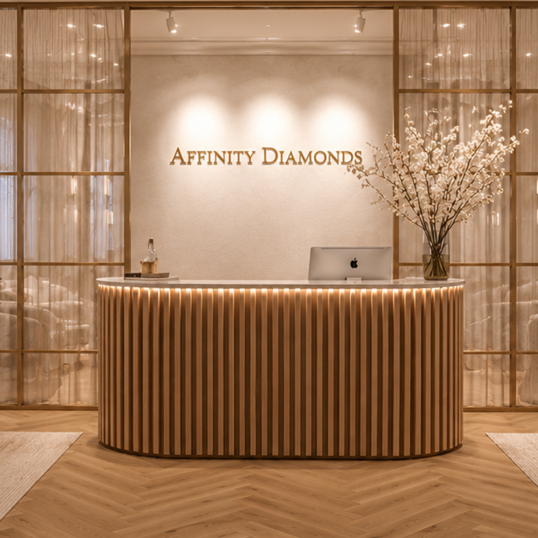 Modern luxury reception area of Affinity Diamonds Sydney, featuring warm lighting, wood slats, and a prominent front desk sign.