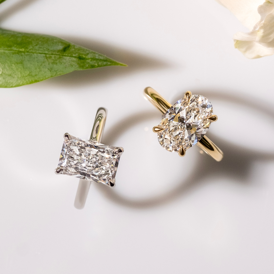 Oval Diamond Engagement Ring YG and Radiant Diamond Engagement Ring WG